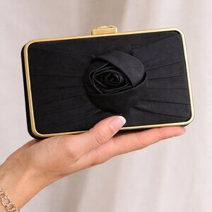 Franchi Black Satin Evening Clutch Gold Frame with Chain Strap 4x6